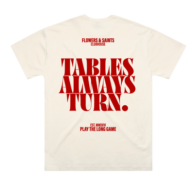 Flowers & Saints | Australian Streetwear Apparel | Tables Always Turn Graphic Oversized Tee Ecru Saint | Back View