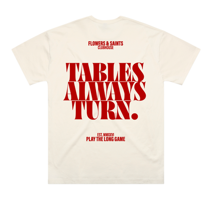 Flowers & Saints | Australian Streetwear Apparel | Tables Always Turn Graphic Oversized Tee Ecru Saint | Back View