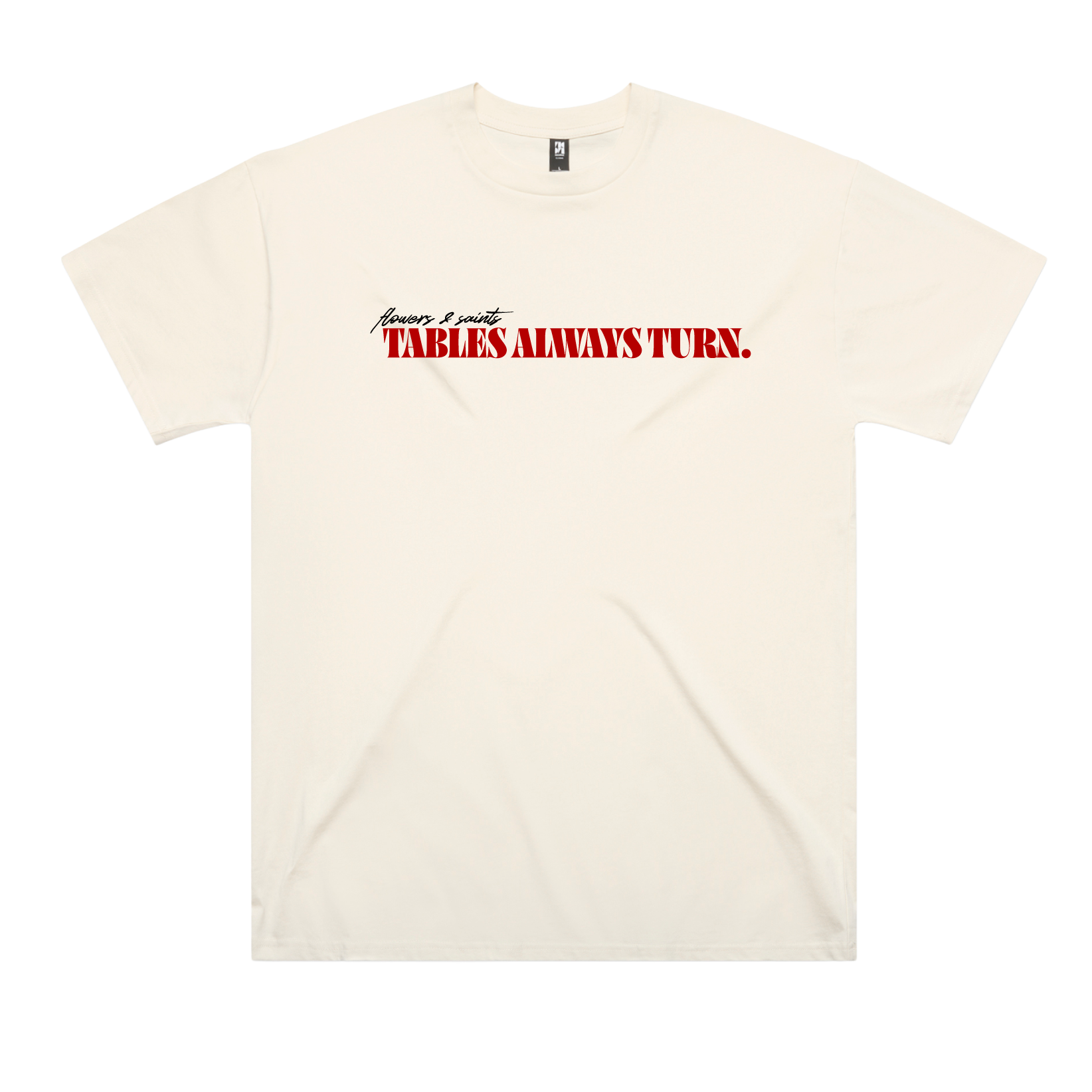 Flowers & Saints | Australian Streetwear Apparel | Tables Always Turn Graphic Oversized Tee Ecru Saint | Front View