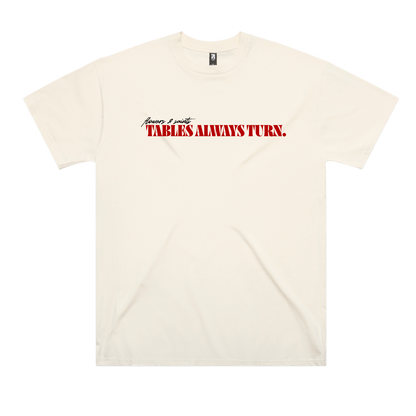 Flowers & Saints | Australian Streetwear Apparel | Tables Always Turn Graphic Oversized Tee Ecru Saint | Front View